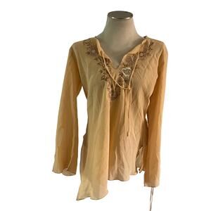 NWT Vtg Y2K 2000s  Floral Embroidered Asymmetrical Hem Blouse Tie Blouse Sz XL